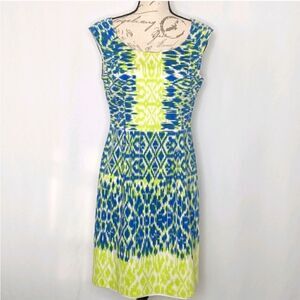Adrianna Papell Blue Green Print Bateau Neck Sheath Dress Size 4 Nordstrom NWT